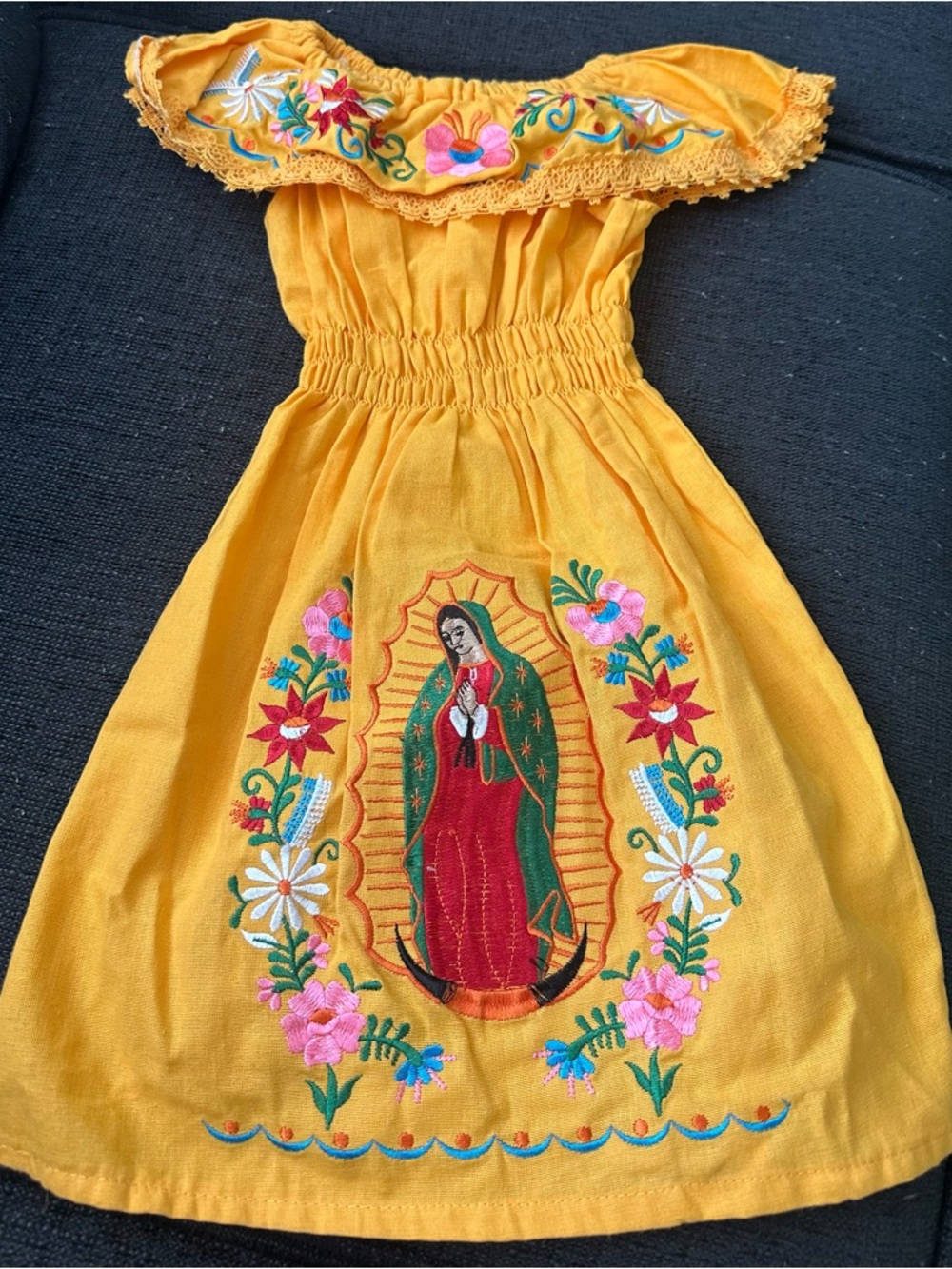Embroidered Yellow Off-Shoulder Dress with Virgin Mary Motif